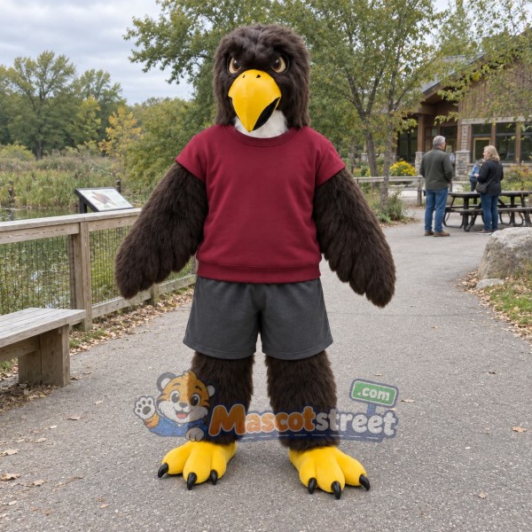 Brown Eagle Mascot Costume with Burgundy Sweatshirt