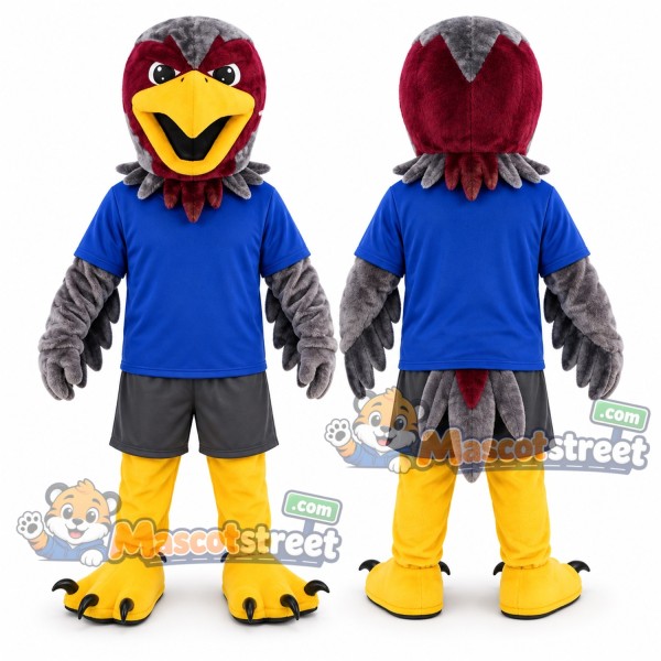 Burgundy and Gray Hawk Mascot Costume with Blue Shirt