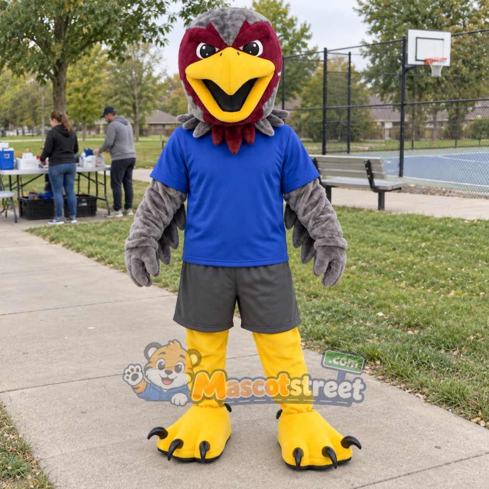 Burgundy and Gray Hawk Mascot Costume with Blue Shirt Burgundy and Gray Hawk Mascot Costume with Blue Shirt