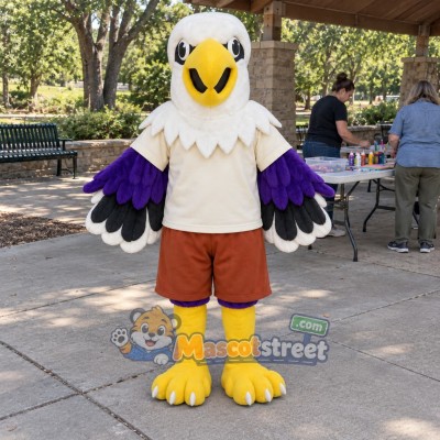 Purple and White Eagle Mascot Costume with Cream Shirt Purple and White Eagle Mascot Costume with Cream Shirt