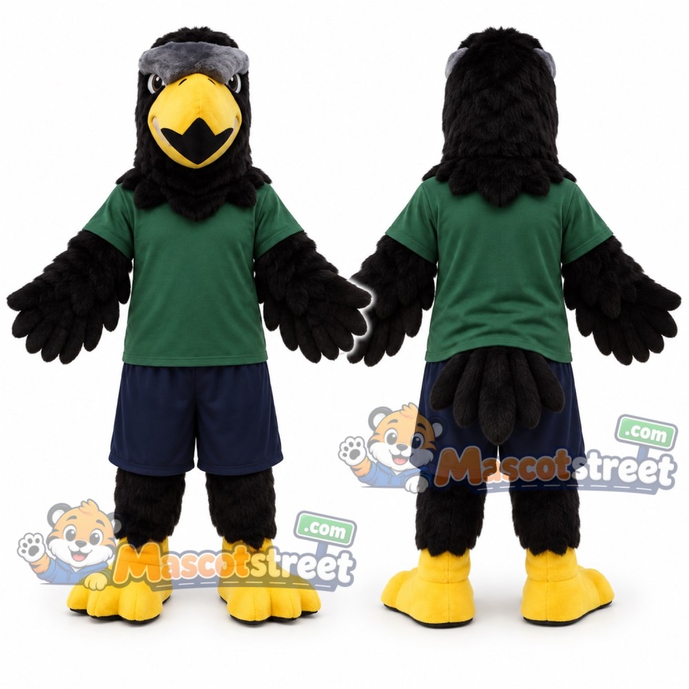 Black Eagle Mascot Costume with Green Shirt