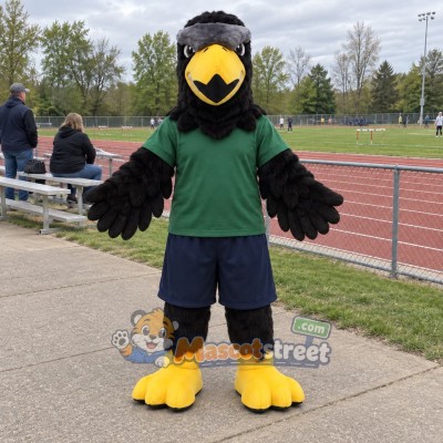 Black Eagle Mascot Costume with Green Shirt
