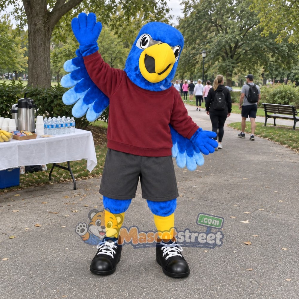 Blue Falcon Mascot Costume with Burgundy Sweatshirt Blue Falcon Mascot Costume with Burgundy Sweatshirt
