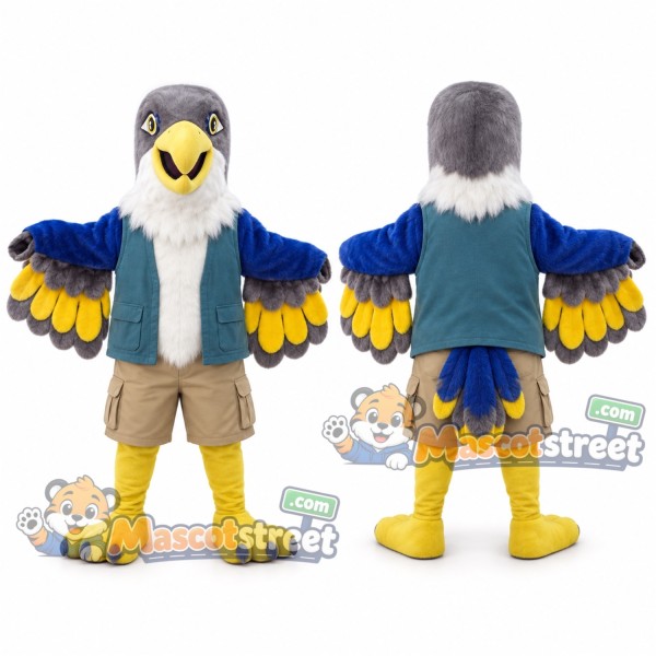 Blue and White Falcon Mascot Costume with Teal Vest