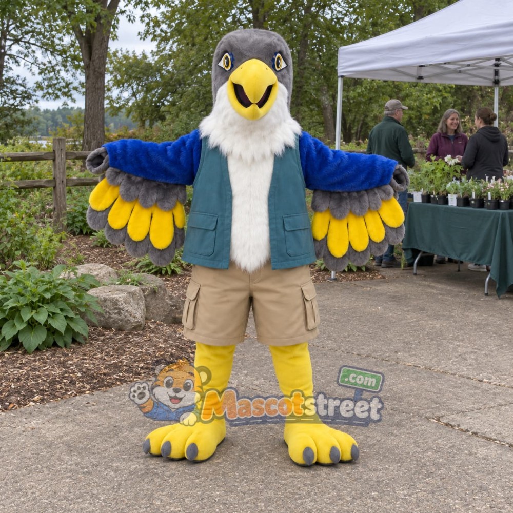 Blue and White Falcon Mascot Costume with Teal Vest Blue and White Falcon Mascot Costume with Teal Vest