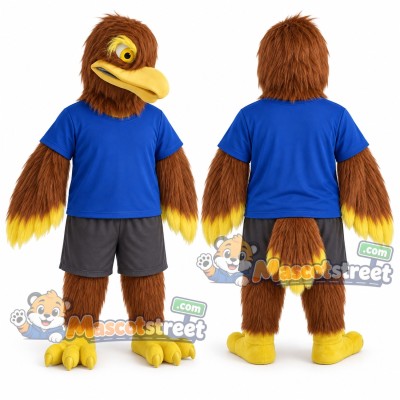 Brown Hawk Mascot Costume with Blue Shirt Brown Hawk Mascot Costume with Blue Shirt