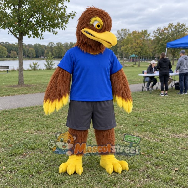 Brown Hawk Mascot Costume with Blue Shirt