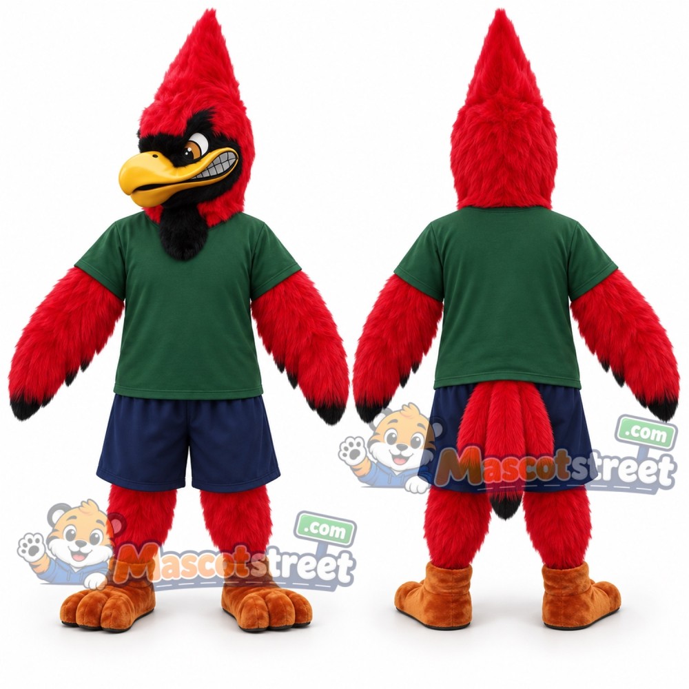 Red Cardinal Bird Mascot Costume with Green Shirt Red Cardinal Bird Mascot Costume with Green Shirt