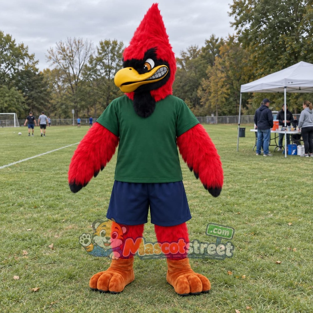 Red Cardinal Bird Mascot Costume with Green Shirt Red Cardinal Bird Mascot Costume with Green Shirt