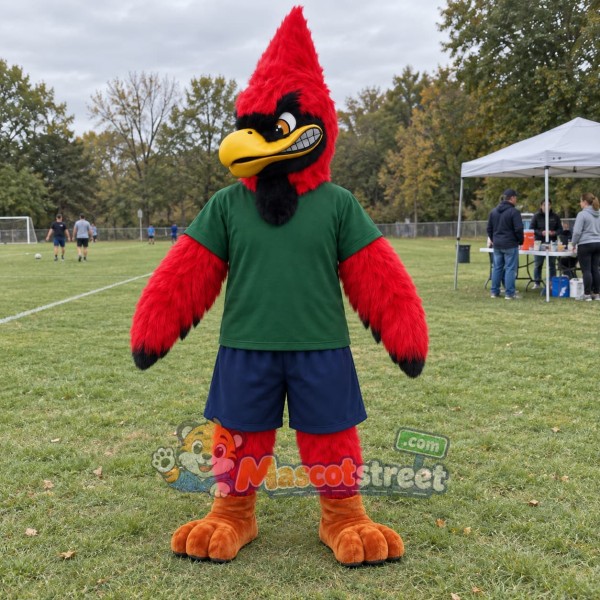 Red Cardinal Bird Mascot Costume with Green Shirt