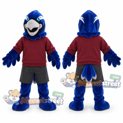 Blue Hawk Mascot Costume with Burgundy Sweatshirt