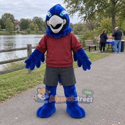 Blue Hawk Mascot Costume with Burgundy Sweatshirt