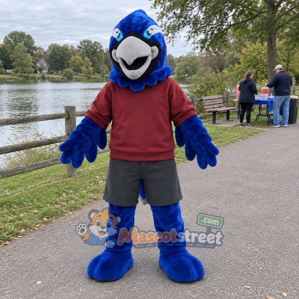 Blue Hawk Mascot Costume with Burgundy Sweatshirt Blue Hawk Mascot Costume with Burgundy Sweatshirt