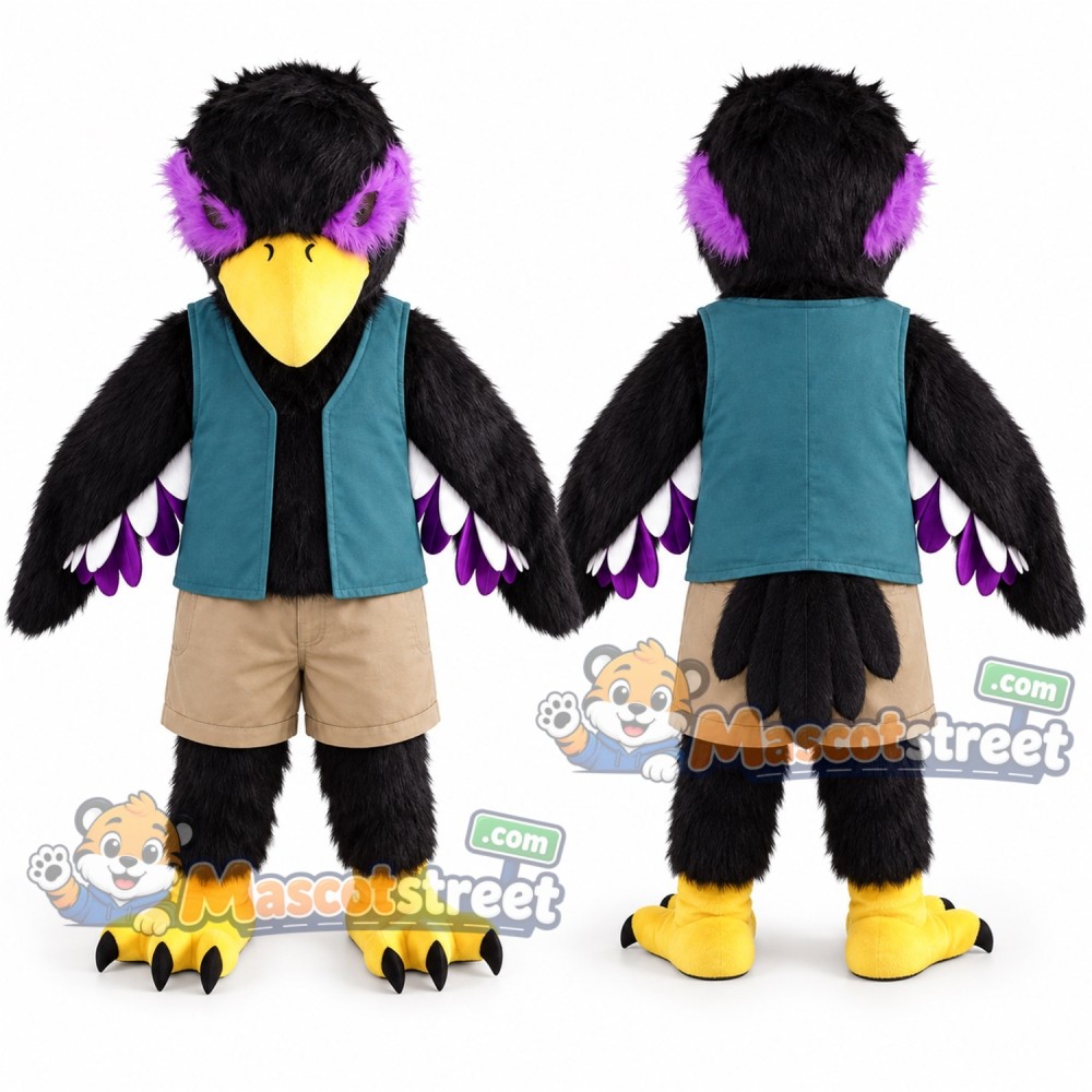 Black Eagle Mascot Costume with Teal Vest Black Eagle Mascot Costume with Teal Vest