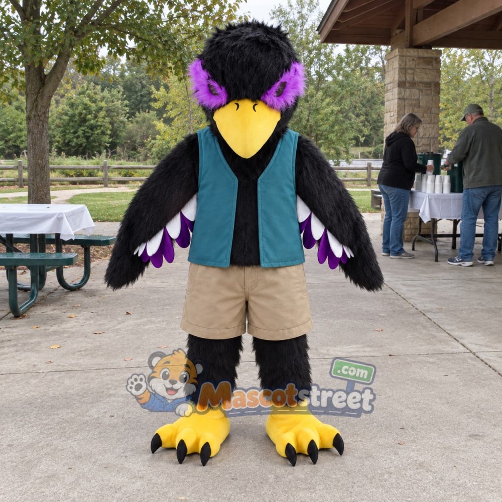 Black Eagle Mascot Costume with Teal Vest Black Eagle Mascot Costume with Teal Vest