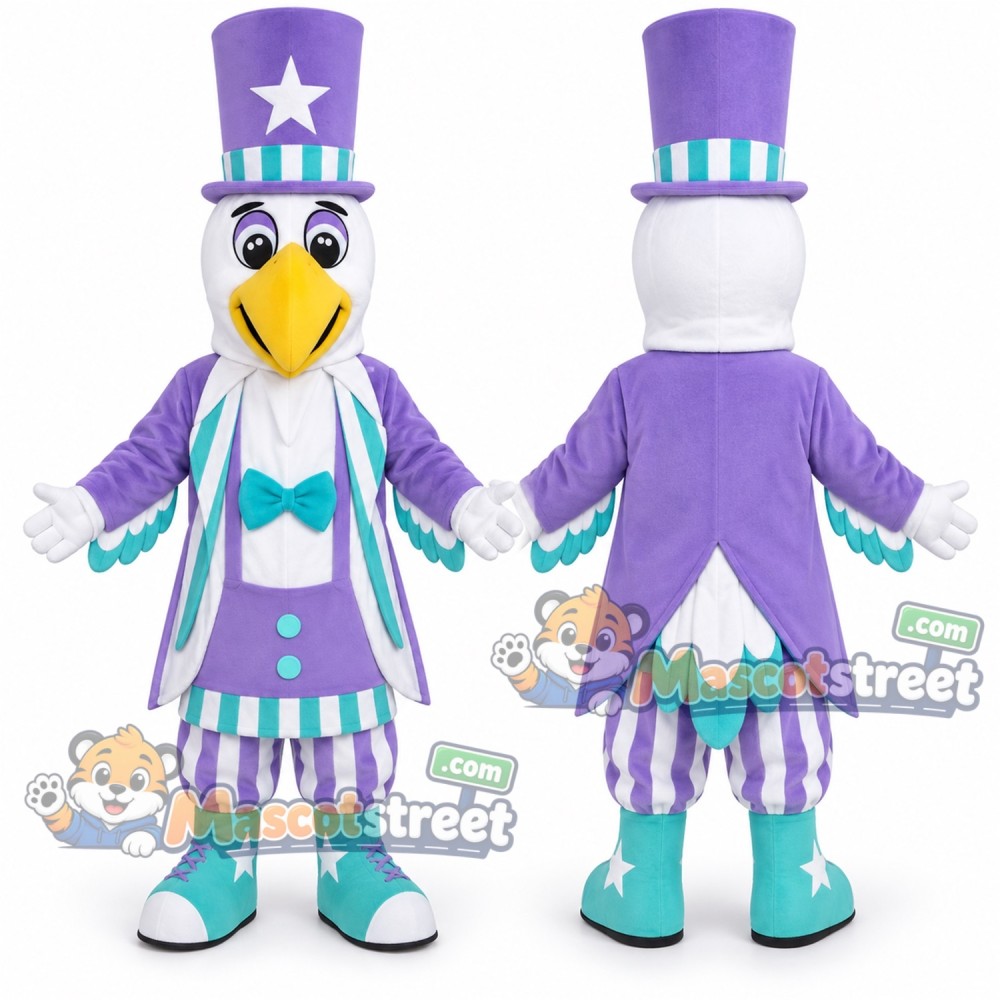 Patriotic Eagle Mascot Costume with Purple and Aqua Suit and Top Hat Patriotic Eagle Mascot Costume with Purple and Aqua Suit and Top Hat