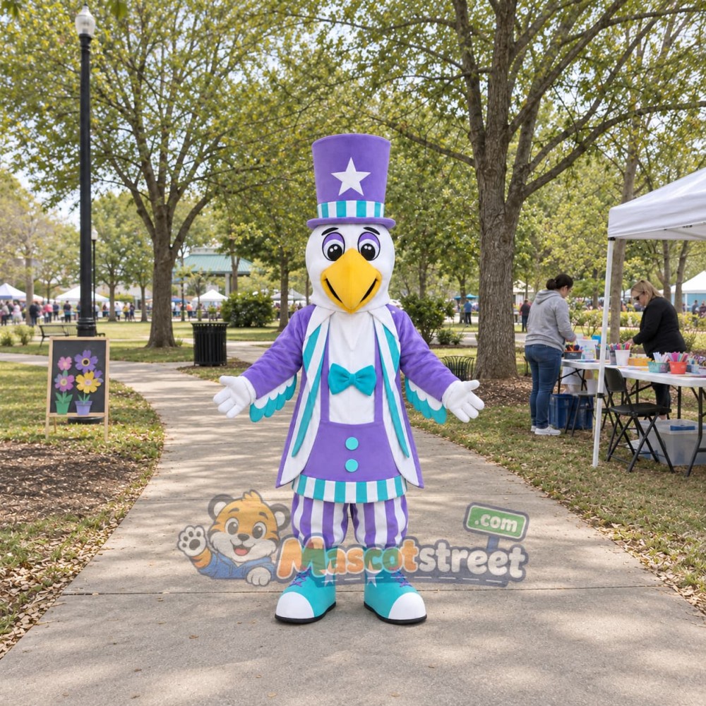 Patriotic Eagle Mascot Costume with Purple and Aqua Suit and Top Hat Patriotic Eagle Mascot Costume with Purple and Aqua Suit and Top Hat