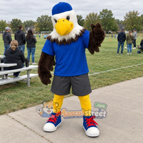 Bald Eagle Mascot Costume with Blue Shirt and Cap