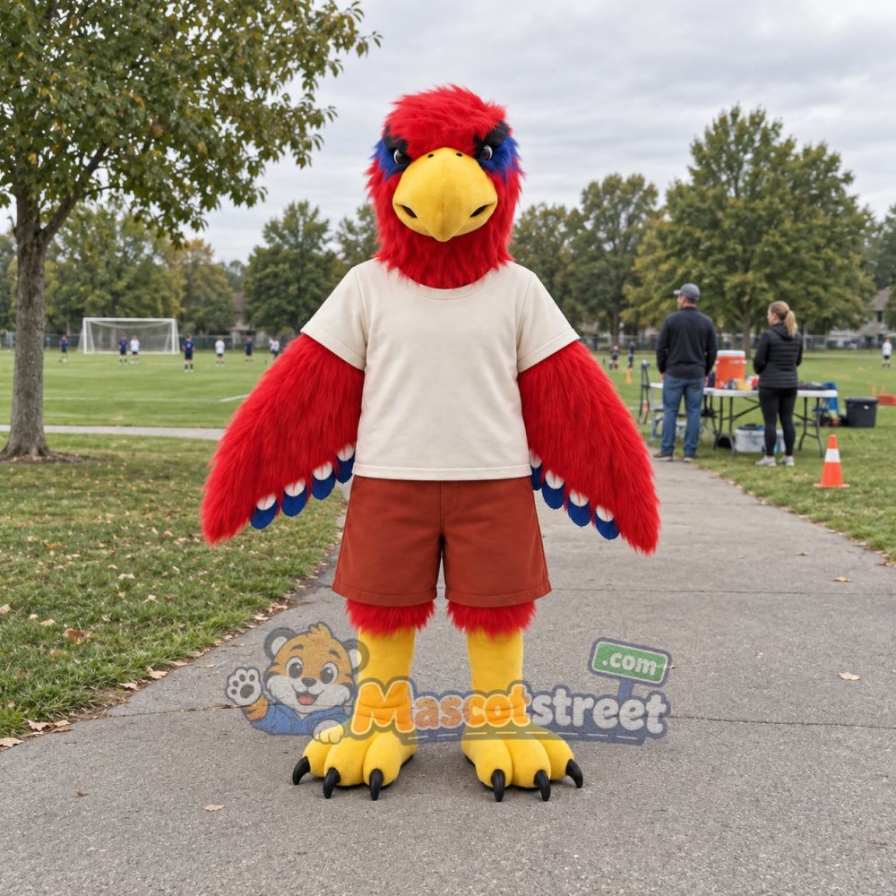 Red Hawk Mascot Costume with Cream Shirt Red Hawk Mascot Costume with Cream Shirt