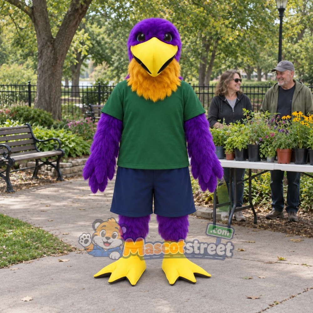Purple Eagle Mascot Costume with Green Shirt Purple Eagle Mascot Costume with Green Shirt