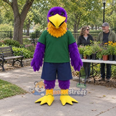 Purple Eagle Mascot Costume with Green Shirt Purple Eagle Mascot Costume with Green Shirt