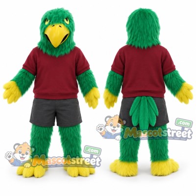 Green Falcon Mascot Costume with Burgundy Sweatshirt