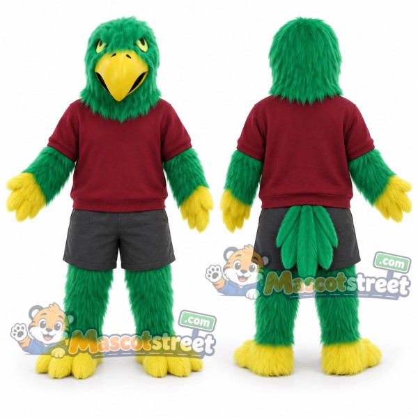 Green Falcon Mascot Costume with Burgundy Sweatshirt