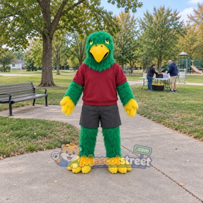 Green Falcon Mascot Costume with Burgundy Sweatshirt