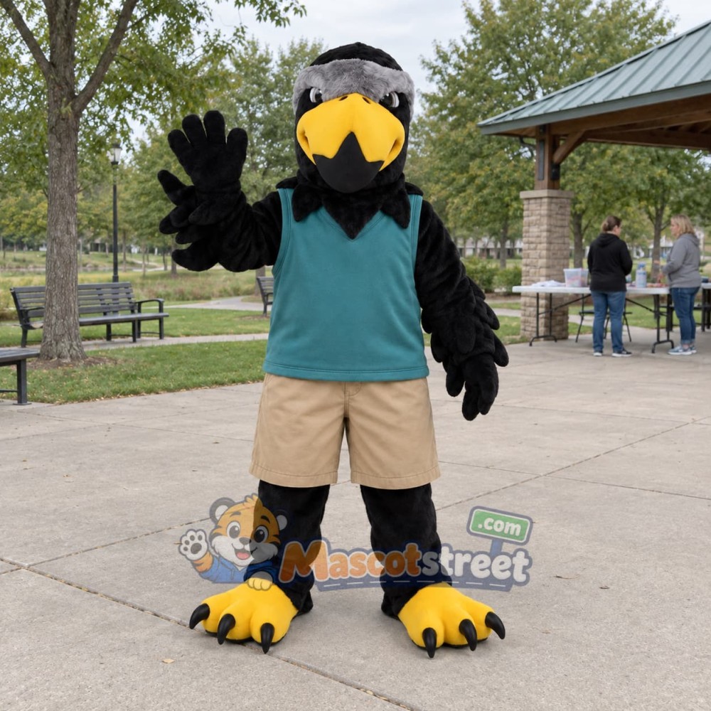Black Eagle Mascot Costume with Teal Vest