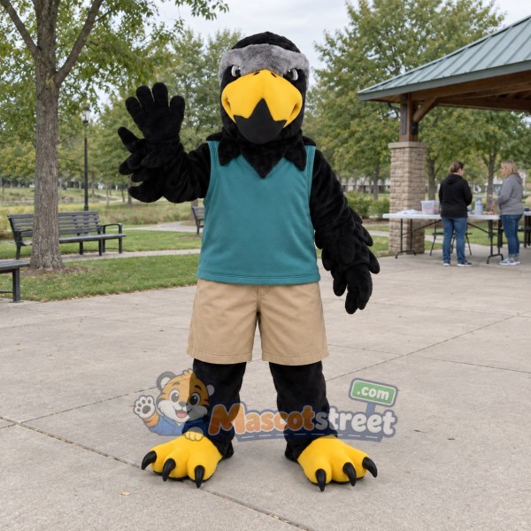 Black Eagle Mascot Costume with Teal Vest