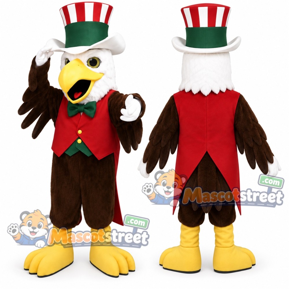 Patriotic Eagle Mascot Costume with Red Vest and Striped Top Hat Patriotic Eagle Mascot Costume with Red Vest and Striped Top Hat