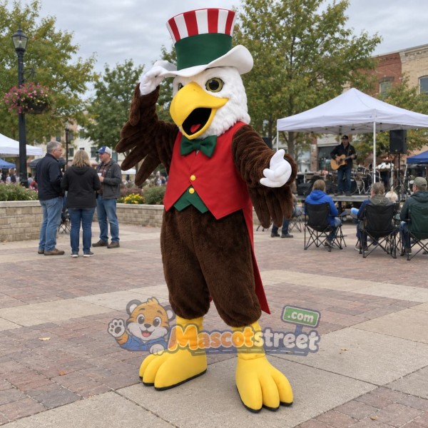 Patriotic Eagle Mascot Costume with Red Vest and Striped Top Hat