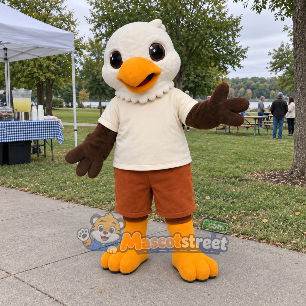 Brown and White Baby Eagle Mascot Costume with Cream Shirt Brown and White Baby Eagle Mascot Costume with Cream Shirt