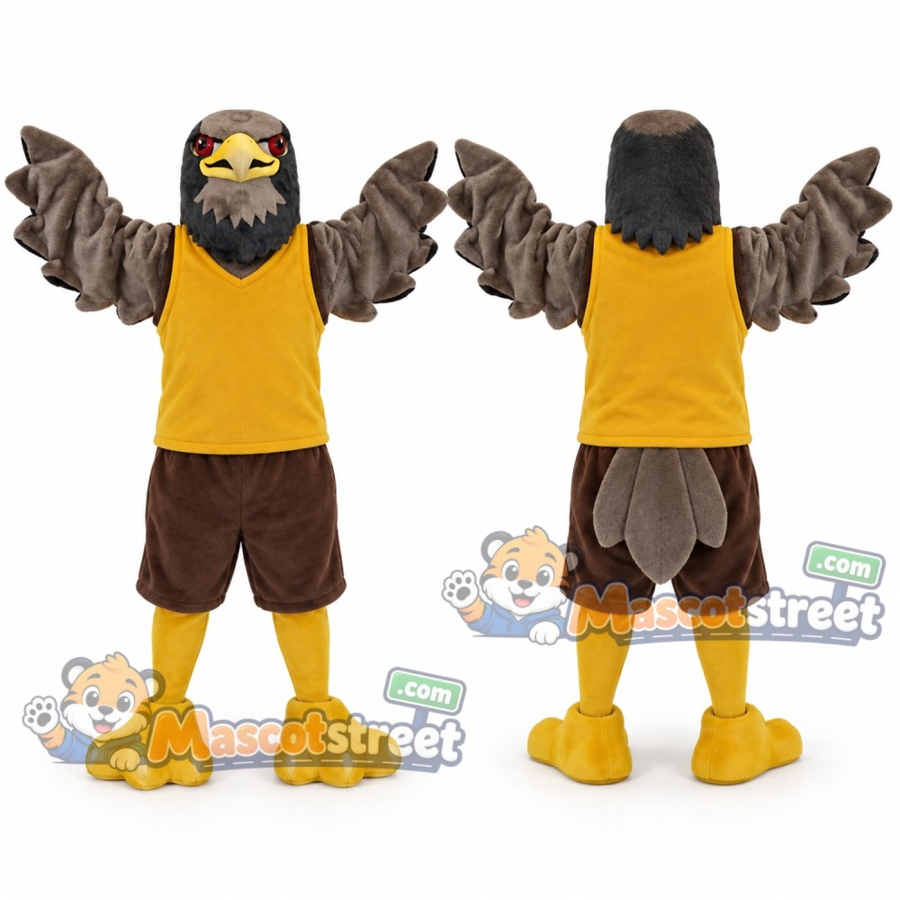Gray Eagle Mascot Costume with Yellow Shirt