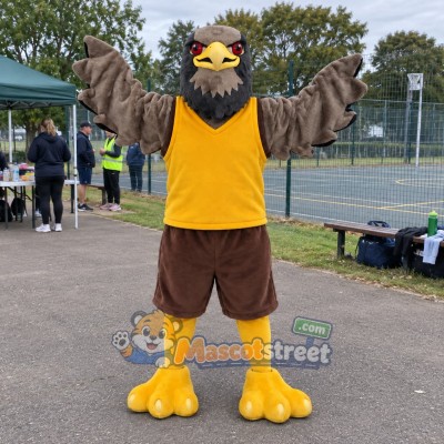 Gray Eagle Mascot Costume with Yellow Shirt