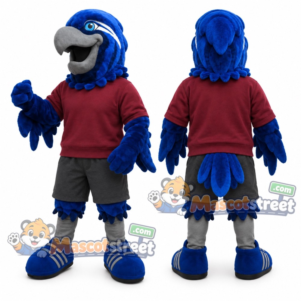 Blue Hawk Mascot Costume with Burgundy Sweatshirt