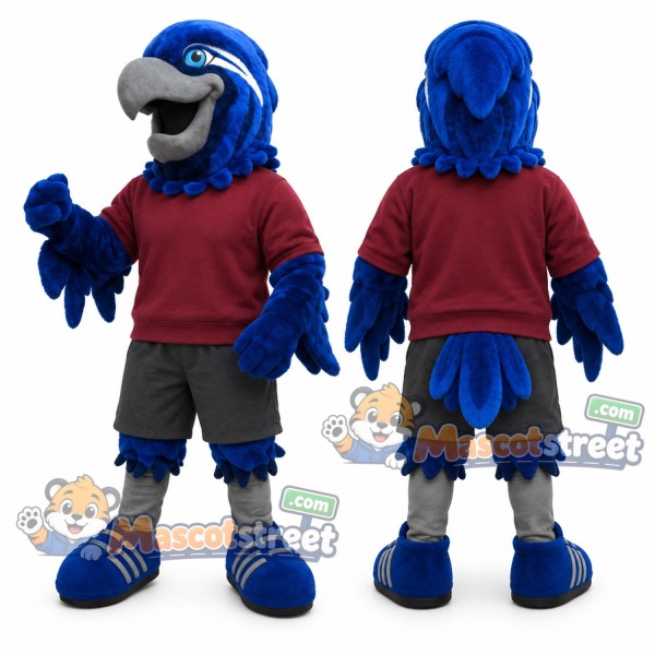 Blue Hawk Mascot Costume with Burgundy Sweatshirt