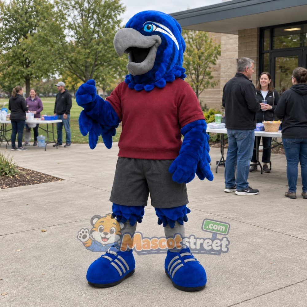 Blue Hawk Mascot Costume with Burgundy Sweatshirt