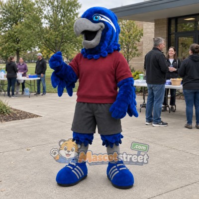 Blue Hawk Mascot Costume with Burgundy Sweatshirt