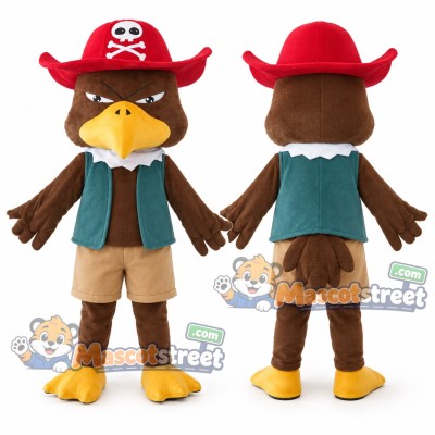 Brown Pirate Eagle Mascot Costume with Teal Vest and Red Pirate Hat Brown Pirate Eagle Mascot Costume with Teal Vest and Red Pirate Hat