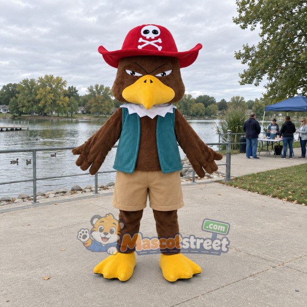 Brown Pirate Eagle Mascot Costume with Teal Vest and Red Pirate Hat