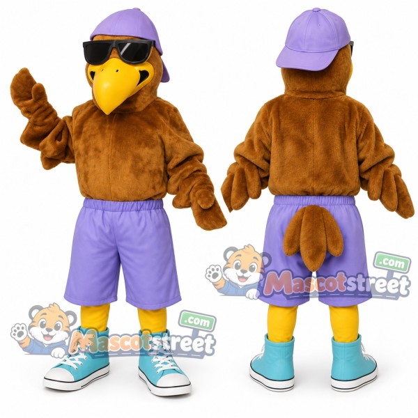 Brown Eagle Mascot Costume with Purple Shorts and Cap