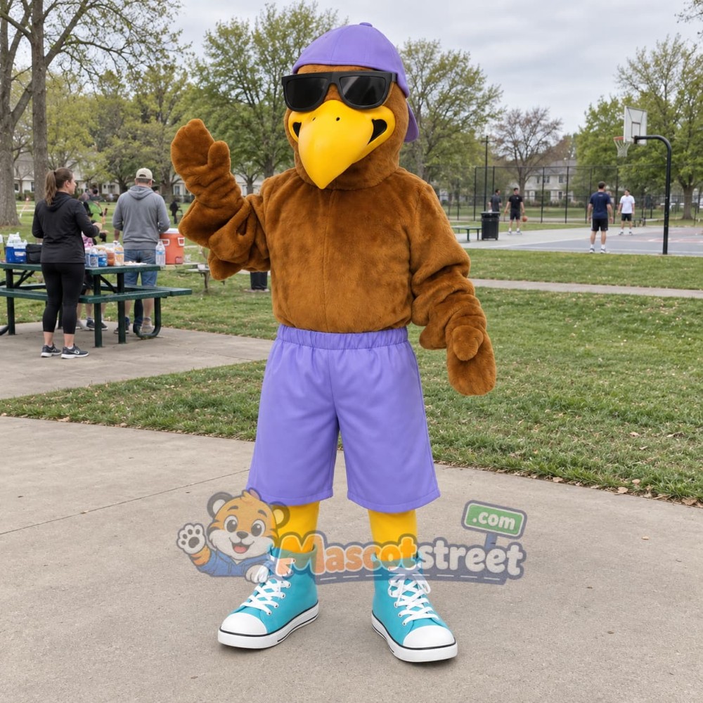 Brown Eagle Mascot Costume with Purple Shorts and Cap Brown Eagle Mascot Costume with Purple Shorts and Cap
