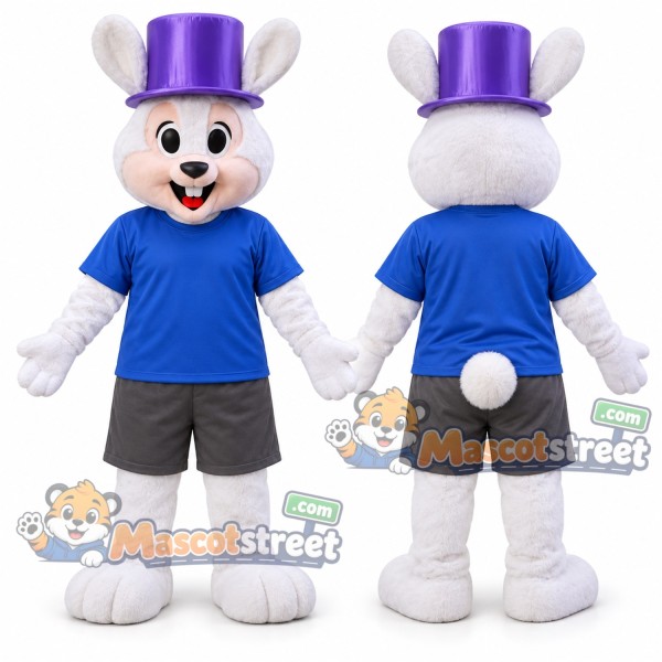 White Rabbit Mascot Costume with Blue Shirt and Purple Top Hat