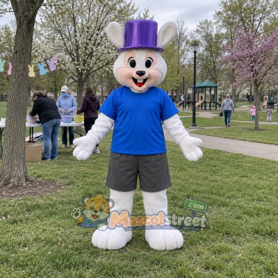 White Rabbit Mascot Costume with Blue Shirt and Purple Top Hat White Rabbit Mascot Costume with Blue Shirt and Purple Top Hat