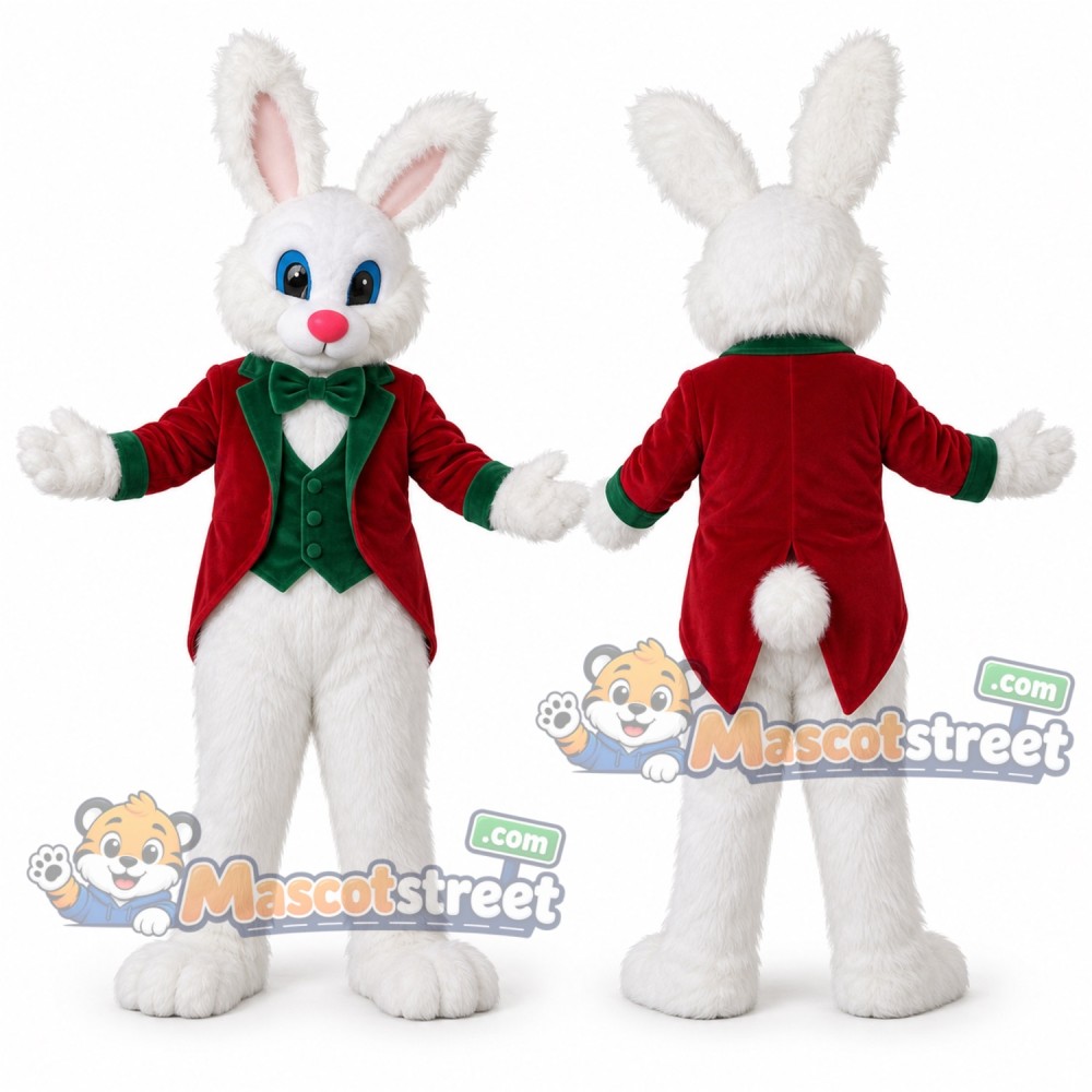 White Rabbit Mascot Costume with Red Vest and Green Bow Tie White Rabbit Mascot Costume with Red Vest and Green Bow Tie