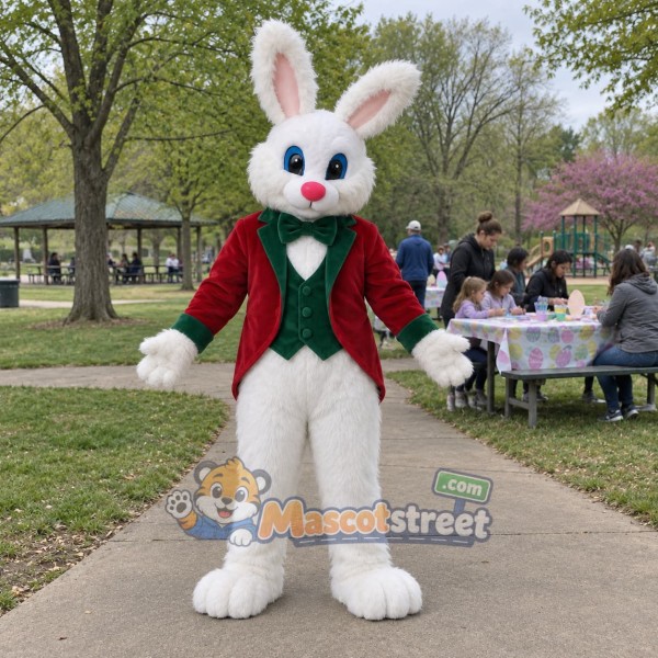 White Rabbit Mascot Costume with Red Vest and Green Bow Tie