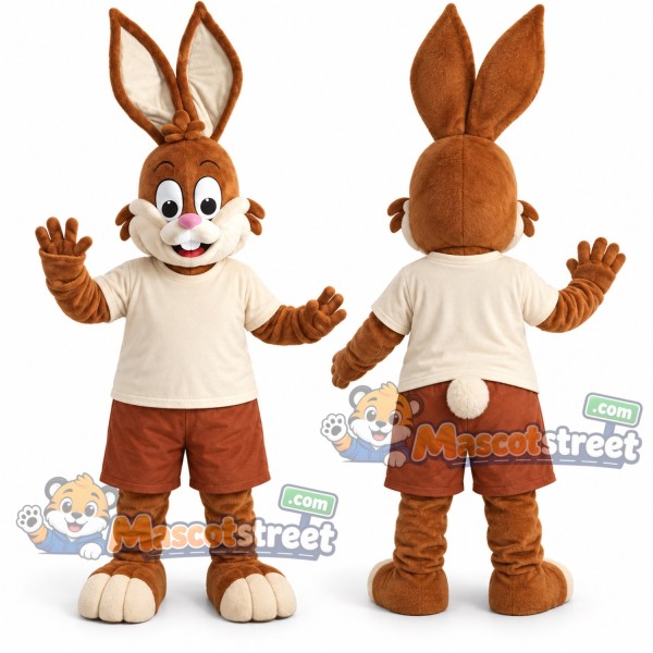 Brown Rabbit Mascot Costume with Cream Shirt
