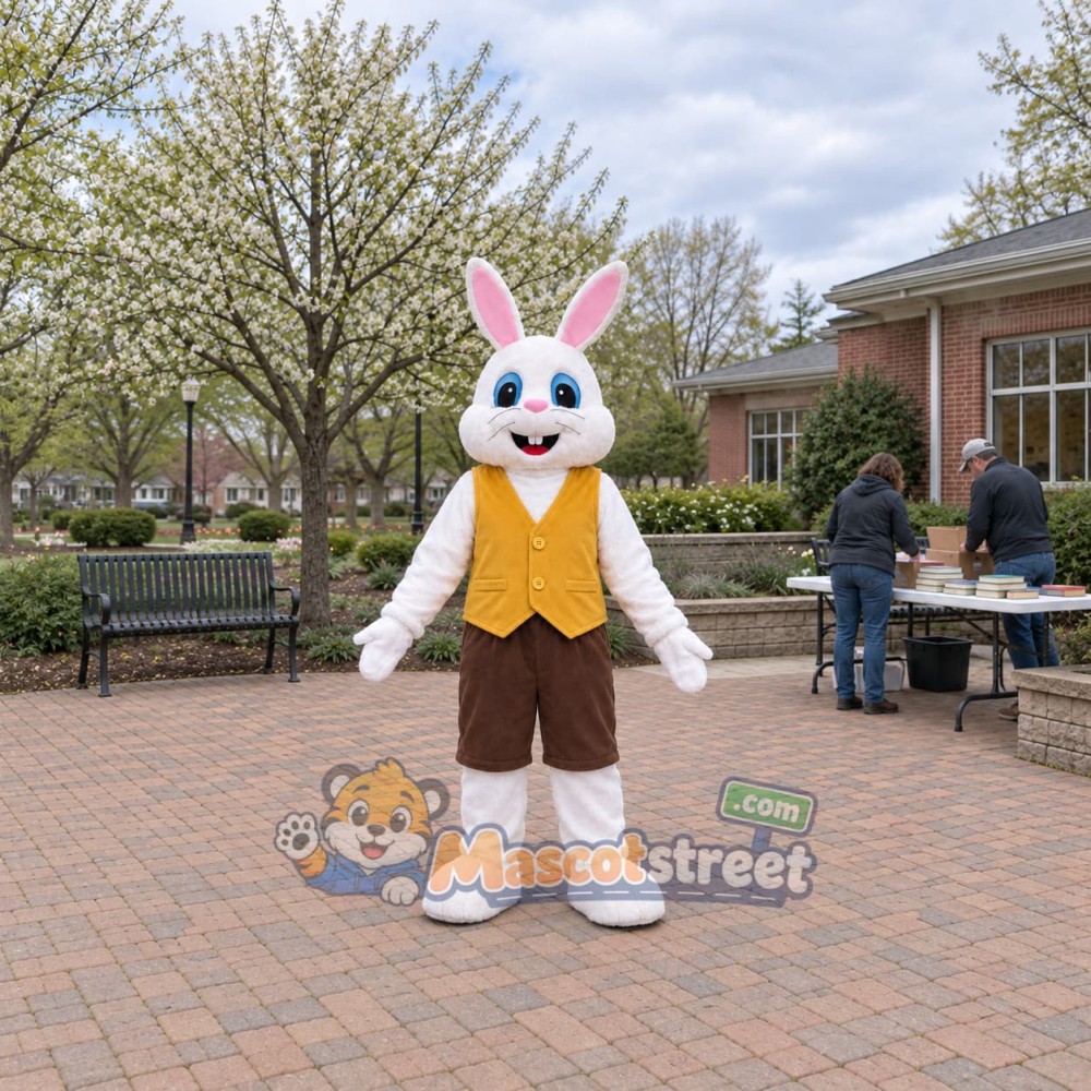 White Rabbit Mascot Costume with Yellow Vest