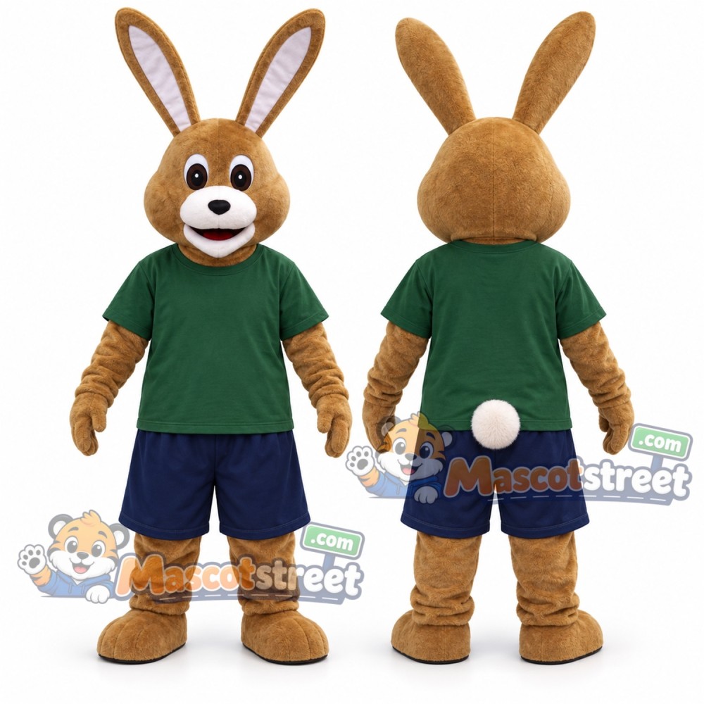 Tan Rabbit Mascot Costume with Green Shirt